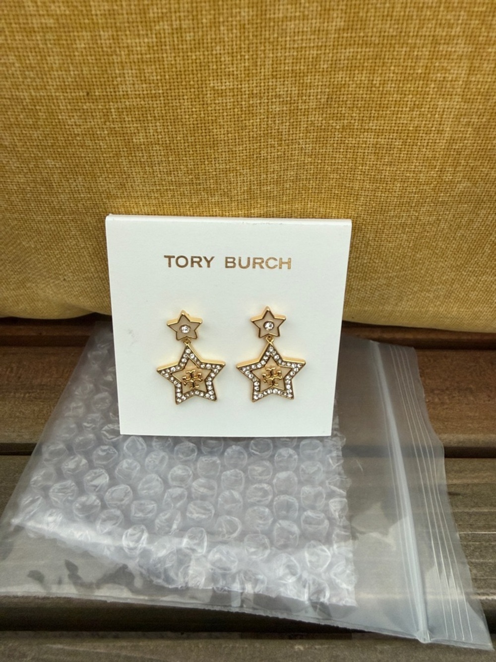 Tory Burch Gold Star Drop Earrings with Crystal Accents